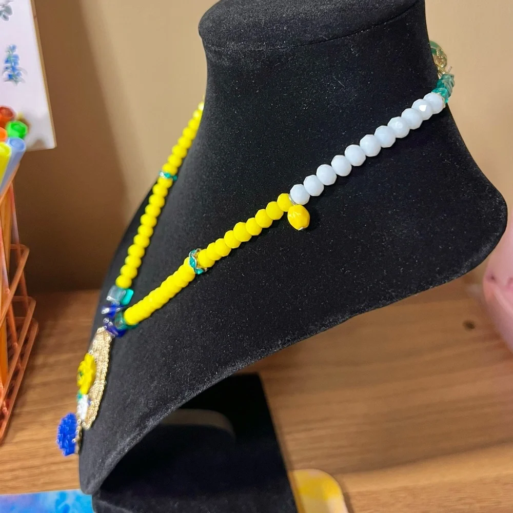 Yellow & Blue Glass Beaded Necklace w/ Floral Pendant - Picture 4 of 6